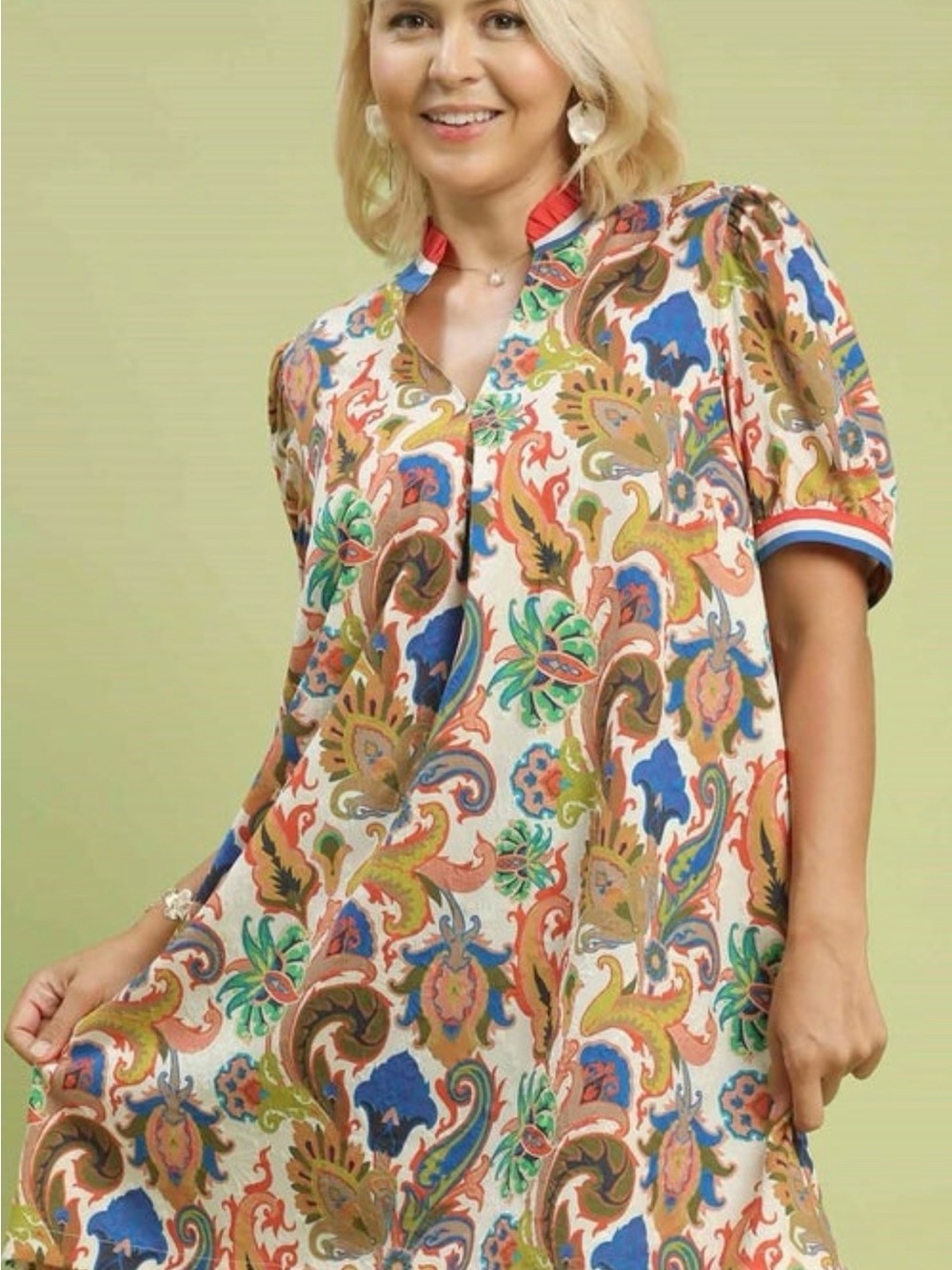 UMGEE PLUS Size Floral Paisley Print V-Neck Swing Dress in Cream Multi - Picture 1 of 5